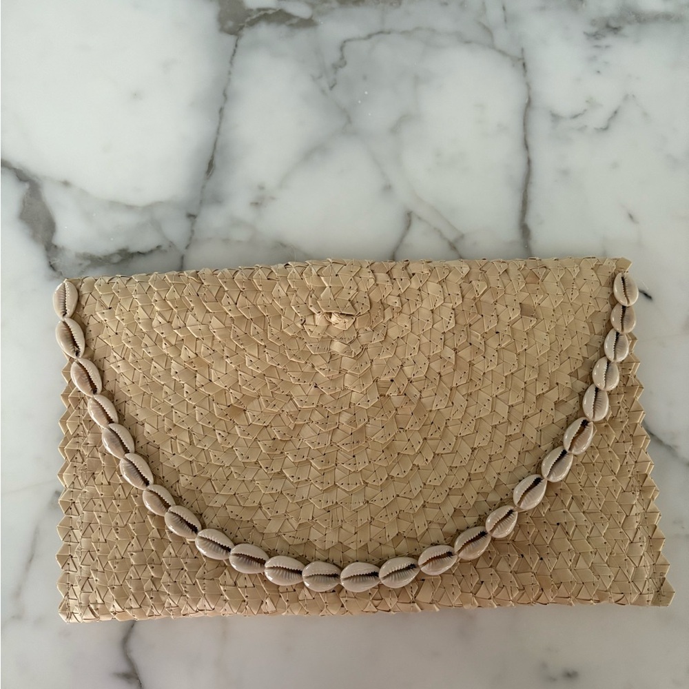 Beige Woven Clutch with Shell Detail